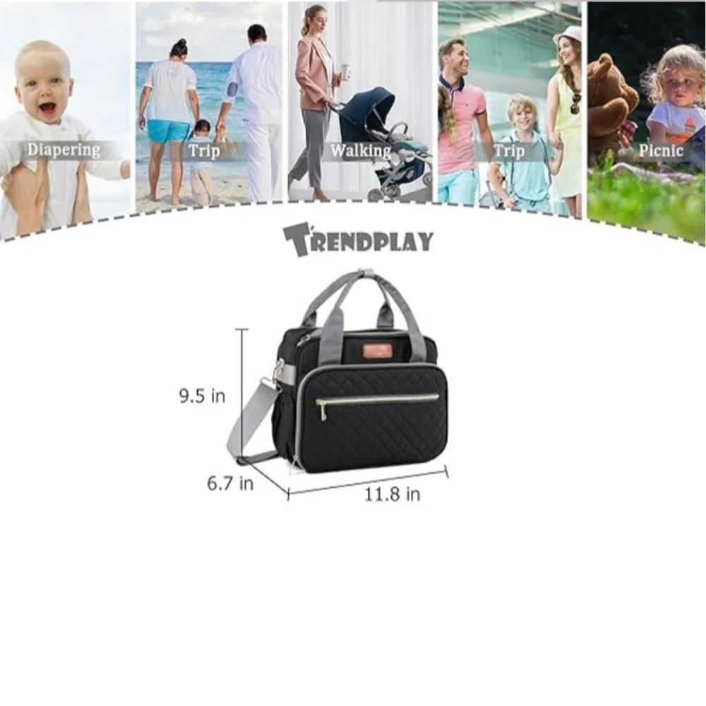 TRENDPLAY Black Small Diaper Tote Baby Maternity Bag, Neutral Quilt Canv…
